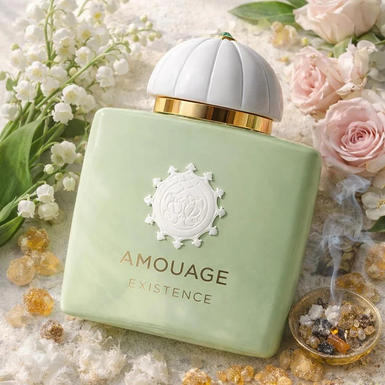 Amouage Existence Eau de Parfum bottle presented in a premium luxury display, highlighting its sophisticated niche fragrance character.