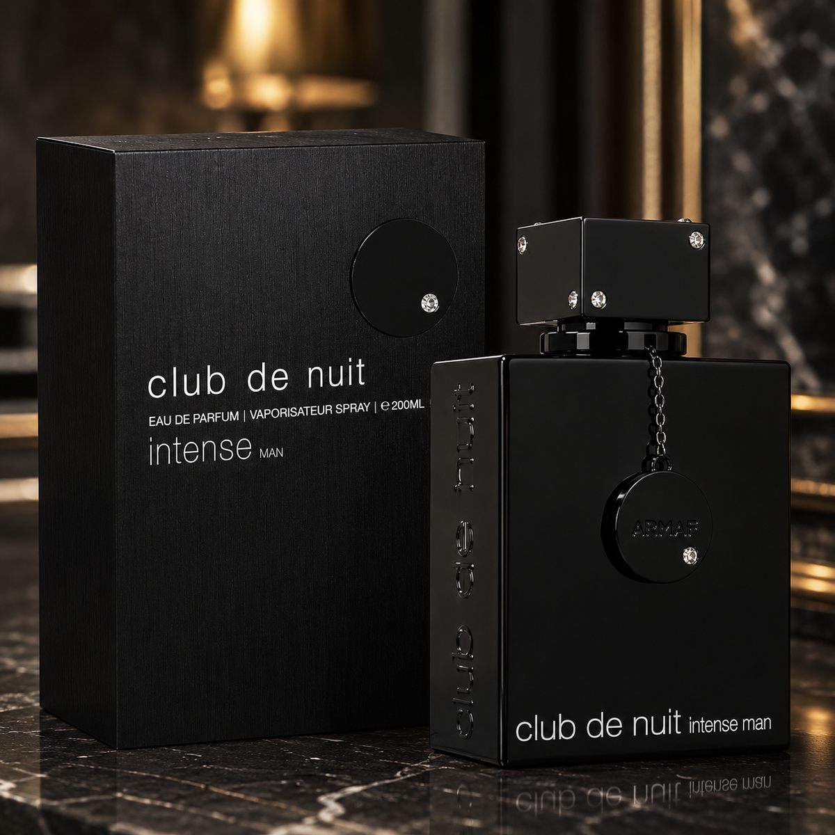 Armaf Club de Nuit Intense Man Eau de Parfum 200ml black bottle and box displayed on a premium dark marble background.