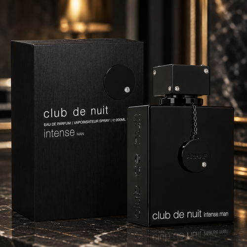 Armaf Club de Nuit Intense Man Eau de Parfum 200ml black bottle and box displayed on a premium dark marble background.