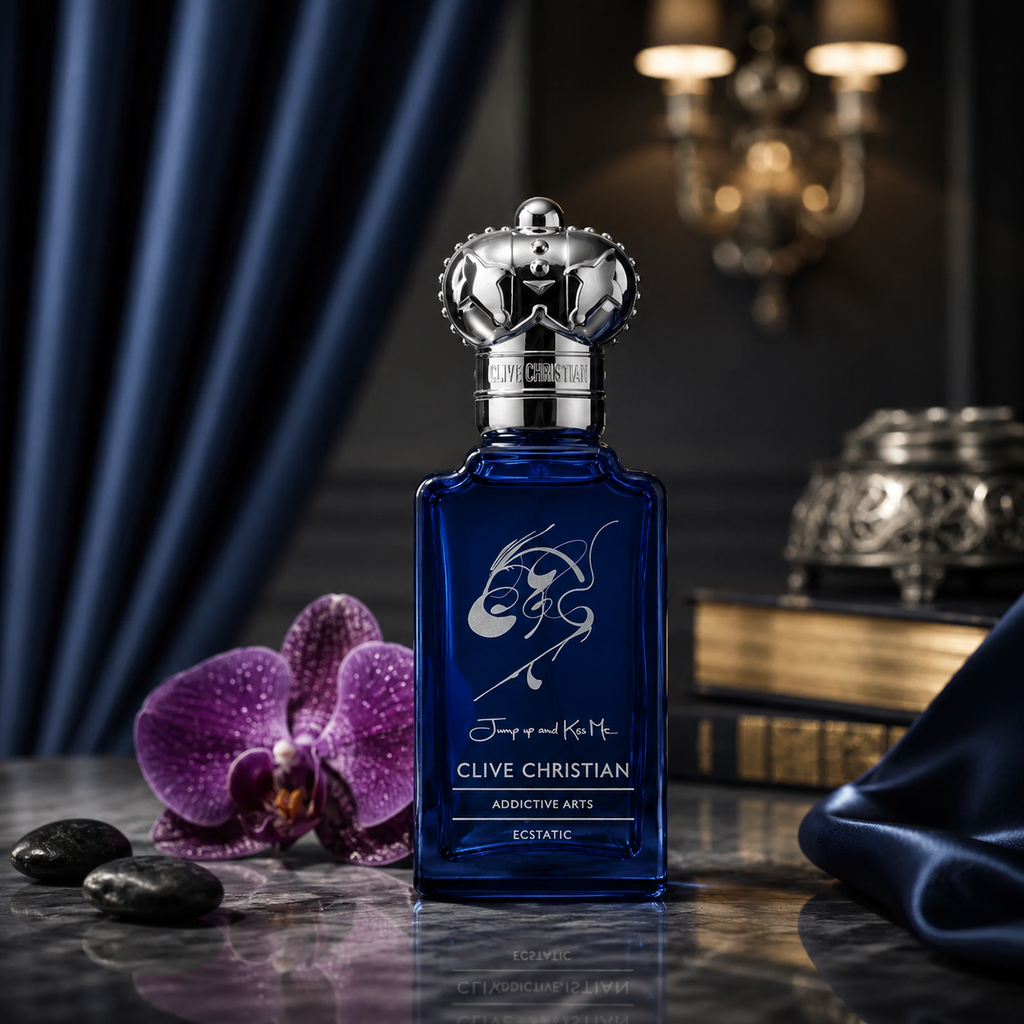 Clive Christian Jump Up and Kiss Me Addictive Arts Ecstatic luxury Eau de Parfum in a blue bottle with silver crown cap, orchid and premium dark background.