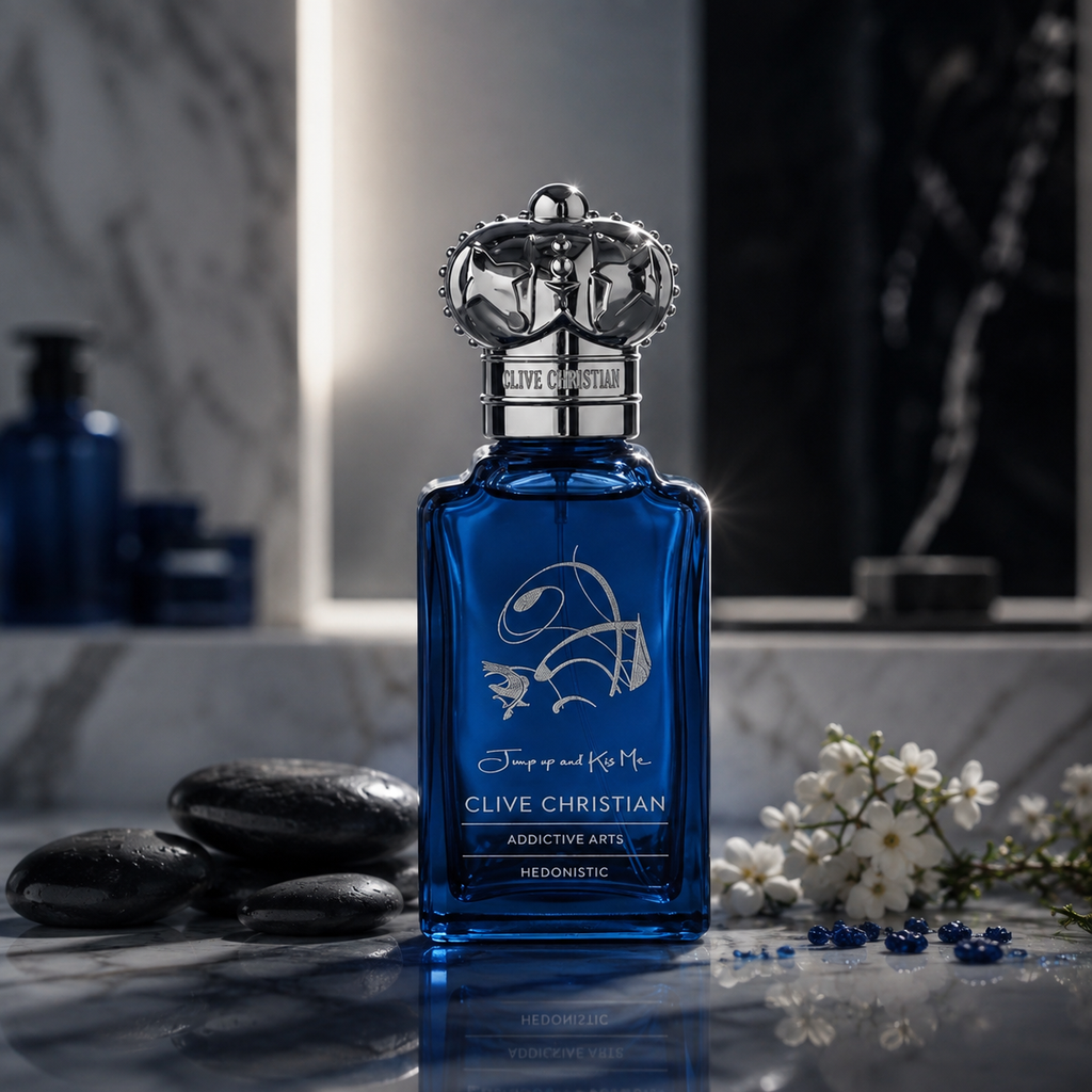 Clive Christian Jump Up and Kiss Me Addictive Arts Hedonistic luxury Eau de Parfum in a blue bottle with silver crown cap on premium marble background.
