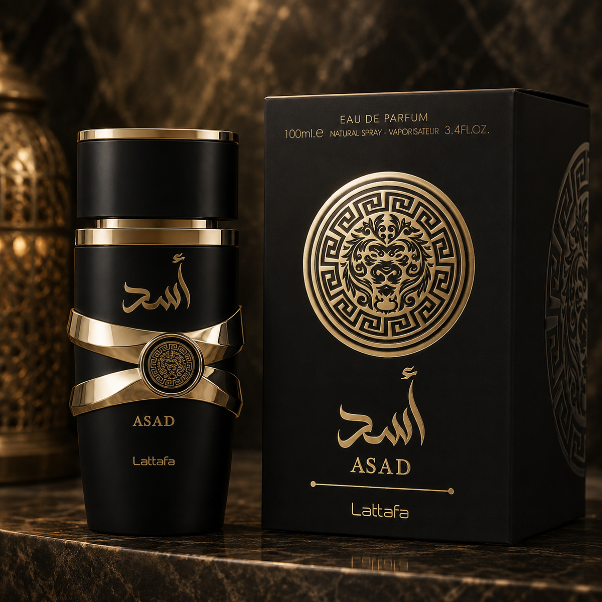 Lattafa Asad Eau de Parfum 100ml amber fragrance for men with perfume bottle and box