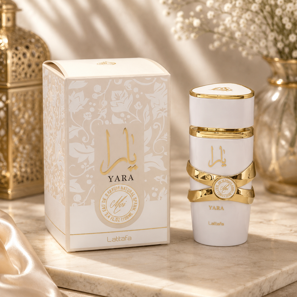 Lattafa Yara Moi Yara White Eau de Parfum 100ml perfume bottle and matching box for women
