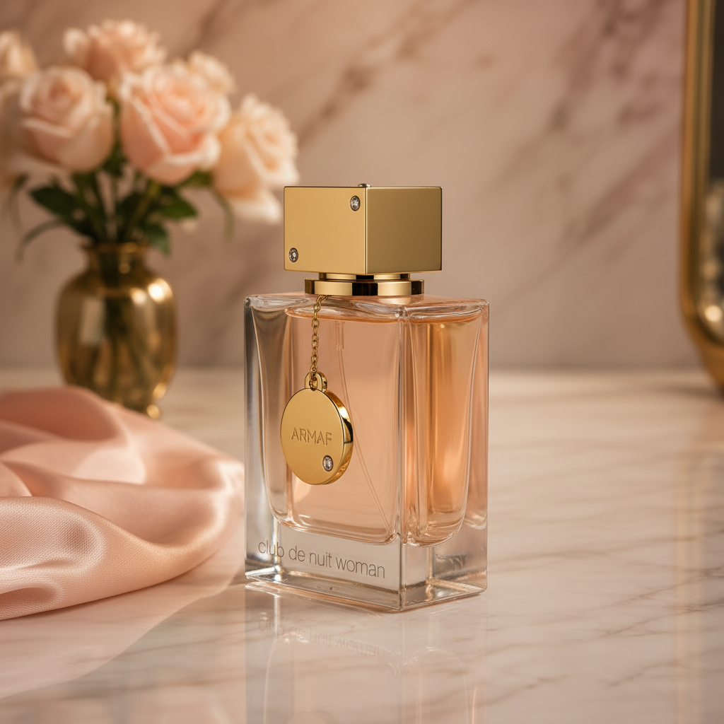 Armaf Club de Nuit Woman Eau de Parfum 105ml bottle close-up side view with gold charm
