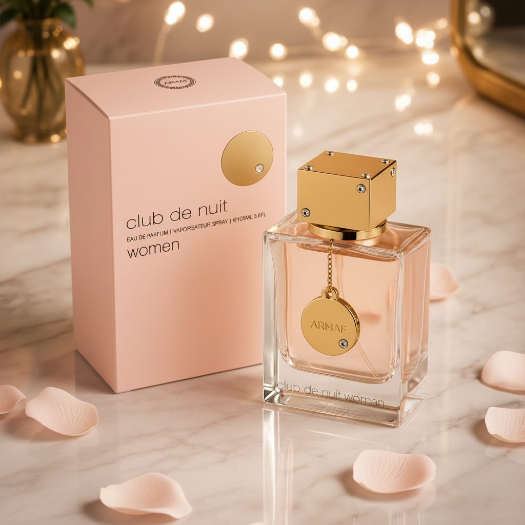 Armaf Club de Nuit Woman Eau de Parfum 105ml bottle and box elevated angle on marble
